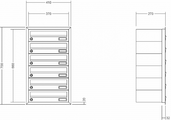 Leabox Briefkastenanlage Unterputz, Alu - Putzabdeckrahmen, waagerechte Kästen, Kastenformat 370x110x270mm, 6-teilig